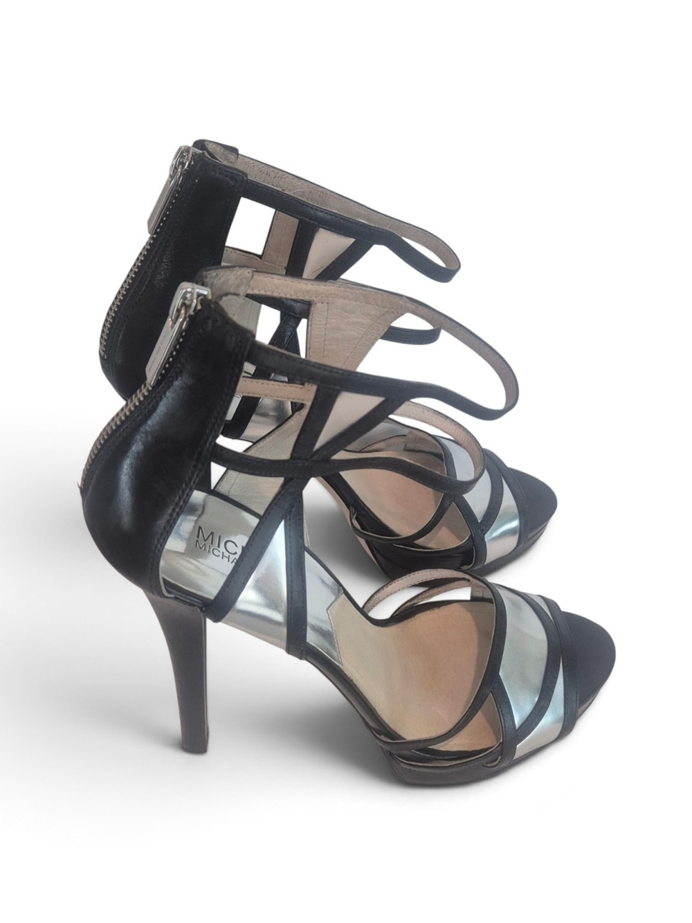 Michael Kors Black and Silver Strappy High Heel Sandals 10 M